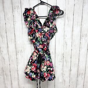 Vintage Dress Women Chest 22" Small Black Floral Ruffle Trim Sleeveless Cocktail